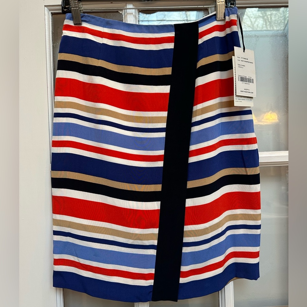Worth New York Navy Snapper Sand Striped Silk Red & Blue Pencil Skirt Size 0 NWT